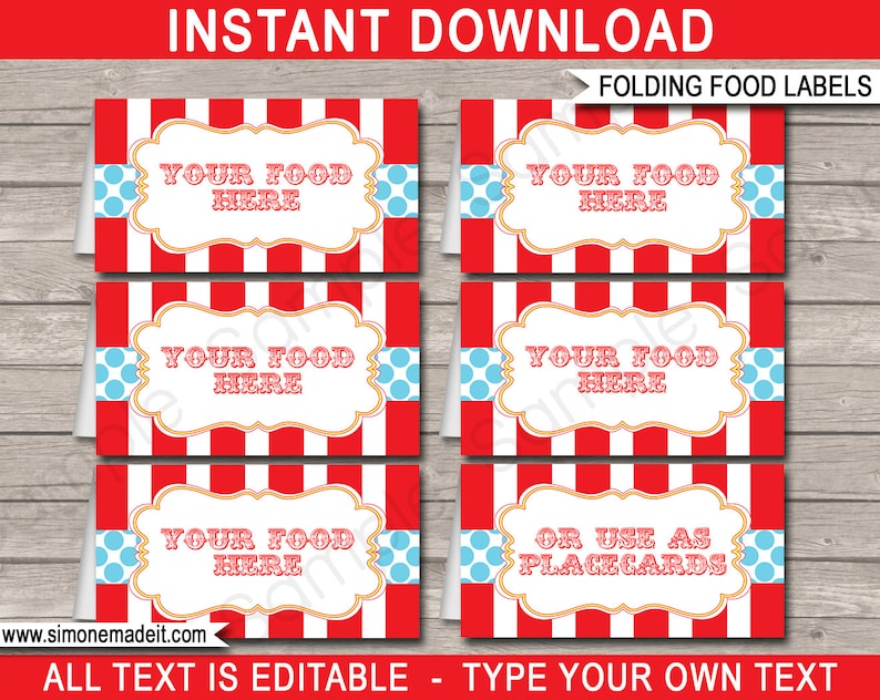 Red & Aqua Circus Food Label Templates - Printable Birthday Party Decorations - Place Cards - Carnival Theme - INSTANT DOWNLOAD - EDITABLE Text