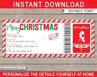 Christmas Tattoo Gift Voucher Ticket - Printable Gift Certificate - INSTANT DOWNLOAD with EDITABLE text - you personalize at home