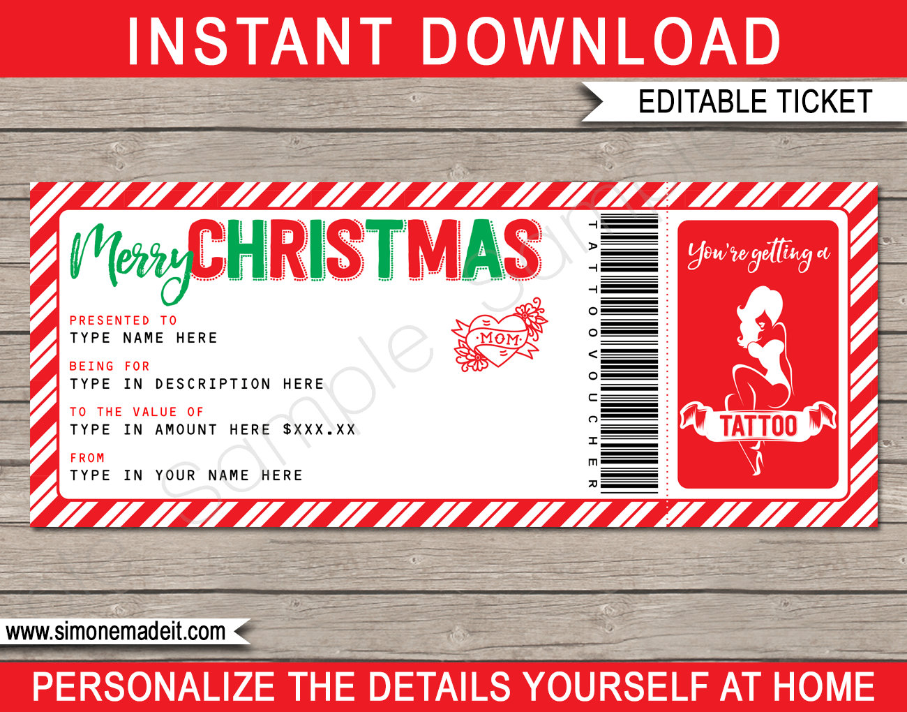 Christmas Tattoo Gift Voucher Ticket - Printable Gift Certificate - INSTANT  DOWNLOAD with EDITABLE text - you personalize at home Pertaining To Tattoo Gift Certificate Template