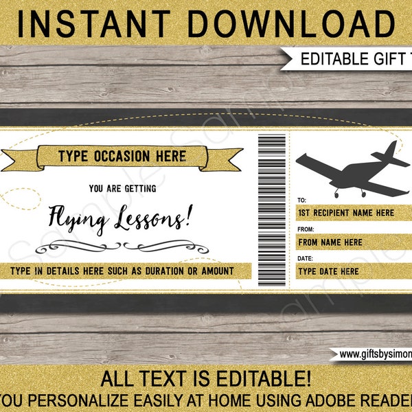 Flying Lessons Voucher Template - Printable Pilot Training Gift Ticket for Any Occasion - INSTANT DOWNLOAD - EDITABLE text