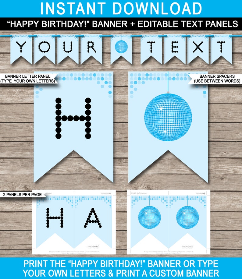 Blue Disco Party Banner INSTANT DOWNLOAD with EDITABLE text Bunting Custom Banner Party Decorations Happy Birthday Banner