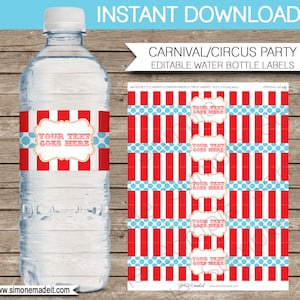 Red & Aqua Circus Water Bottle Labels Template - Printable Birthday Party Decorations - Napkin Wrappers - Carnival Theme - INSTANT DOWNLOAD - EDITABLE Text