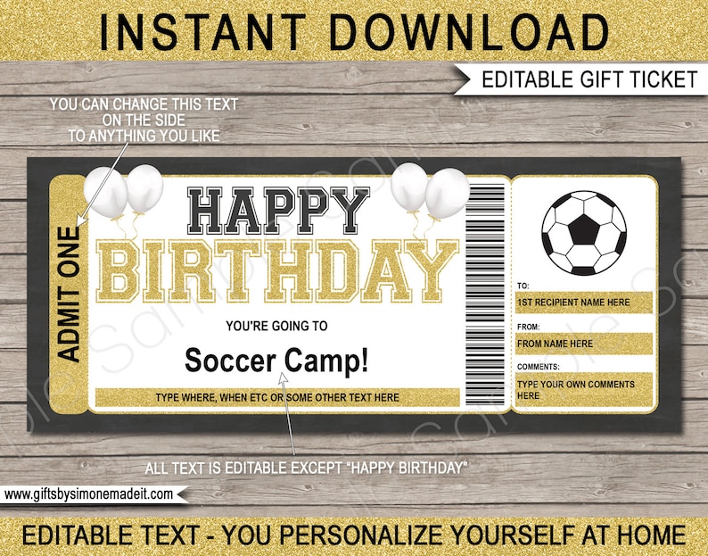 INSTANT DOWNLOAD Surprise Training Camp or Skills Clinic Birthday Soccer Camp Gift Voucher Ticket Template Printable EDITABLE text