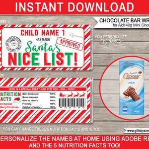 Może przedstawiać: Drukowane opakowania na czekoladowe batony świąteczne w czerwono-białe paski z ilustracją Świętego Mikołaja i tekstem "Santa's Nice List!" Możesz spersonalizować imiona i informacje o wartościach odżywczych w domu za pomocą programu Adobe Reader.