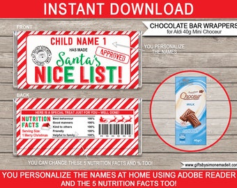 Santa Nice List Chocolate Wrapper Christmas Printable Template - Elf Report Special Treat - INSTANT DOWNLOAD - EDITABLE Name, Nutrition Fact