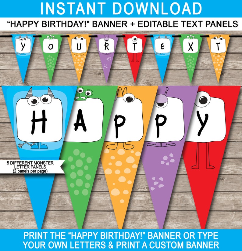 Monster Theme Party Decorations & Invitation Template Bundle Printable Monster Bash Birthday DIY EDITABLE TEXT image 9