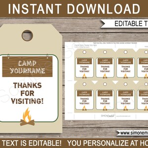 May include: Printable camping-themed thank you tags with editable text. The tags feature a brown wooden sign with the text "Camp Yourname" and a campfire graphic. The text "Thanks for Visiting!" is also included on the tags.