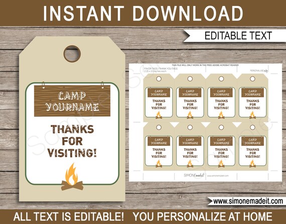 Camping Favor Tags Template Printable Campout Theme Birthday - Etsy