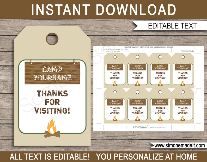 May include: Printable camping-themed thank you tags with editable text. The tags feature a brown wooden sign with the text "Camp Yourname" and a campfire graphic. The text "Thanks for Visiting!" is also included on the tags.