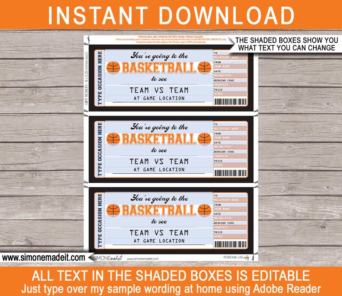 Printable Basketball Ticket Gift Editable Template Surprise Etsy