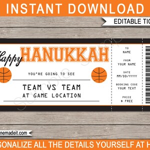 Billet de match de basket-ball cadeau Hanoucca - billet surprise pour un match de basket-ball - modèle imprimable - TÉLÉCHARGEMENT IMMÉDIAT - bon cadeau MODIFIABLE