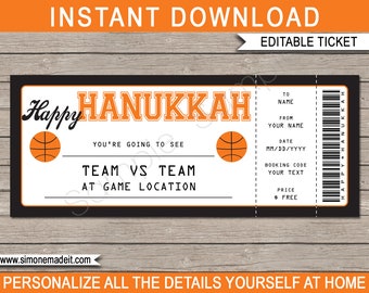 Bilet na mecz koszykówki – prezent na Chanukę: Edytowalny, do wydrukowania (natychmiastowe pobranie)