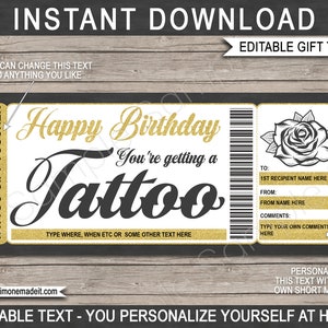 Modèle de bon de réduction tatouage, carte-cadeau d'anniversaire, certificat, carte de coupon imprimable - motif floral - encrez-vous - TÉLÉCHARGER TEXTE MODIFIABLE
