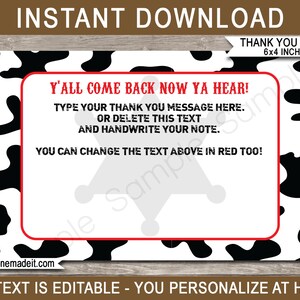 Cowboy Party Thank You Cards Template - Printable Birthday Favor Tags - Sheriff Badge - 4x6 inch - INSTANT DOWNLOAD - EDITABLE text