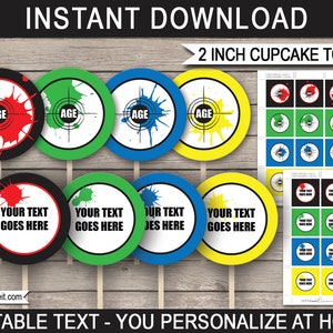 Printable Paintball Cupcake Toppers Birthday Party Decorations - Paintball Theme Gift Tags - 2 inch - INSTANT DOWNLOAD with EDITABLE text