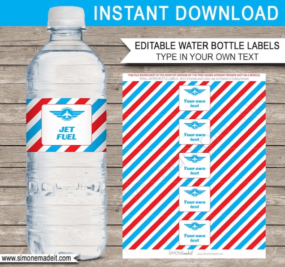 Airplane Party Water Bottle Labels Template - Plane Theme Birthday Party  Decorations - Wrappers - EDITABLE text DOWNLOAD - you personalize