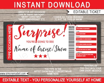 Surprise Concert Gift Ticket Printable Voucher - Any Occasion: Christmas Birthday Anniversary Retirement Graduation - Fake Ticket - EDITABLE