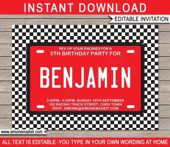 Race Car Invitation Template Birthday Party License Plate