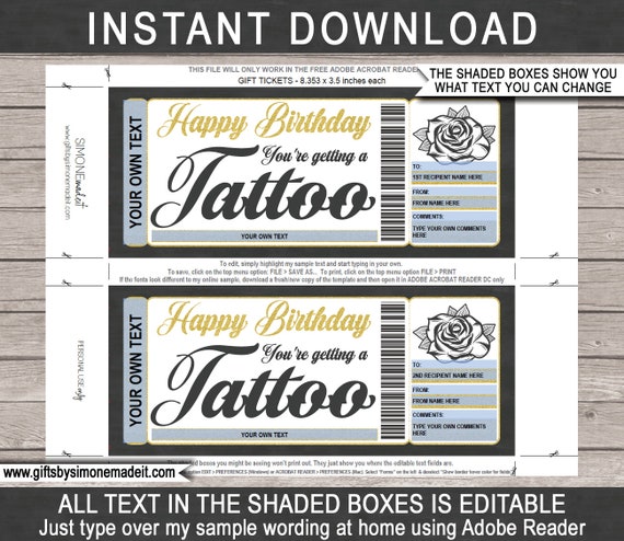 Tattoo Ticket Gift Certificate Personalised Coupon (Instant