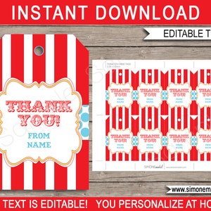 Circus Favor Tags Template - Thank You Tags - Printable Birthday Party Favors - INSTANT DOWNLOAD with EDITABLE text - you personalize