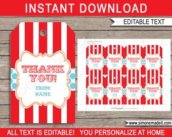 May include: Red and white striped thank you tags with a gold frame and blue polka dots. The text reads "Thank You! From Name".
