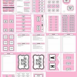 May include: Printable pink and black scavenger hunt party templates with text boxes for customizing. The templates include a welcome sign, receipt, scorecard, and a "Happy Age Birthday" sign.