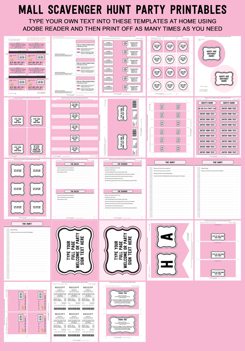 May include: Printable pink and black scavenger hunt party templates with text boxes for customizing. The templates include a welcome sign, receipt, scorecard, and a "Happy Age Birthday" sign.