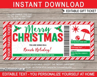 Tropical Beach Vacation Ticket Template Surprise Trip Reveal Christmas Gift Idea - Travel Getaway - INSTANT DOWNLOAD with EDITABLE text