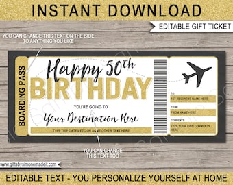 50th Birthday Boarding Pass Template - Surprise Trip Gift - Fake Plane Ticket Coupon - Airplane Flight Destination - EDITABLE TEXT DOWNLOAD
