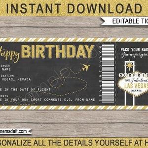 Biglietto aereo di Las Vegas, regalo di compleanno, coupon stampabile per carta d'imbarco falsa, viaggio a sorpresa, vacanza, volo, DOWNLOAD DI TESTO MODIFICABILE
