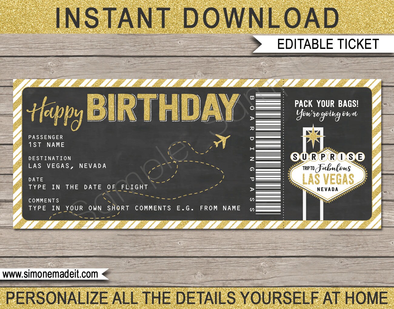 Las Vegas Plane Ticket Birthday Gift Printable Fake Boarding Etsy