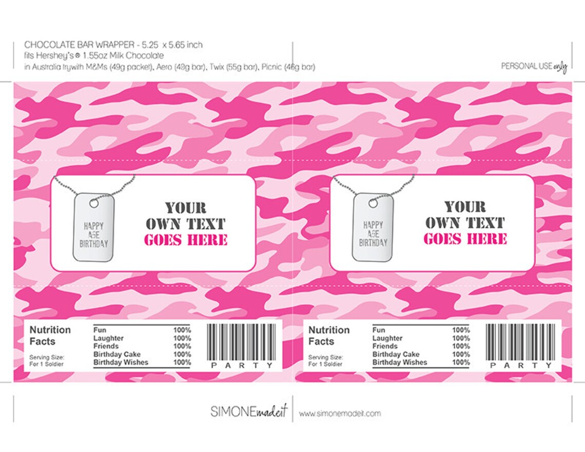 Pink Camo Party Candy Bar Wrappers Party Favors Chocolate Etsy
