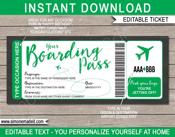 Plane Ticket Template Surprise Fake Boarding Pass Trip Reveal Gift - Any Occasion - Airplane Flight Destination - Green - INSTANT DOWNLOAD Il_570xn