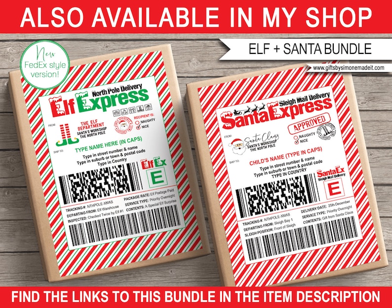 Elf Shipping Label + Santa Shipping Label Templates - Realistic Fedex Printable Labels - Christmas Mailing Stickers Bundle - Large - North Post Special Delivery  - Express Elf Delivery - Reindeer Delivery - Naughty or Nice List - INSTANT DOWNLOAD