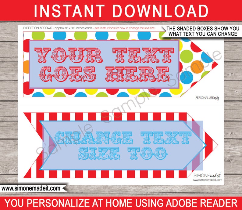 Carnival Signs Direction Arrows - Printable Carnival Party Decorations Game Signs - Circus Theme - INSTANT DOWNLOAD text EDITABLE Template - 11x17 inch, 8.5x11 inch, A4 and A3 sizes