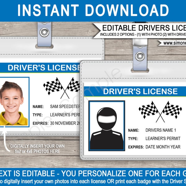 Drivers License Race Car Birthday Party Decorations or Favors - Printable ID Badge Template - INSTANT DOWNLOAD with Editable text & photo