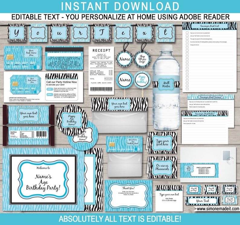 May include: Printable party decorations in a zebra print pattern with blue and black stripes. The set includes a welcome sign, water bottle labels, favor bags, cupcake toppers, and more. The text is editable, allowing you to personalize the decorations for a birthday party.