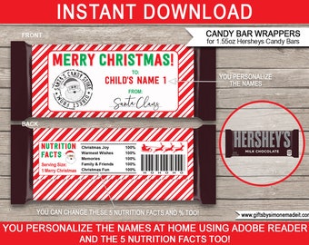 Christmas Candy Bar Wrappers Printable Template from Santa Claus - Gift Tags Labels - INSTANT DOWNLOAD with EDITABLE Names, Nutrition Facts
