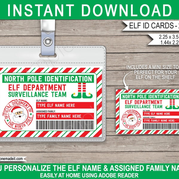 Elf ID Card Printable Template - Mini Elf License Badge - Surveillance Team - Santa License - North Pole - Instant DOWNLOAD - EDITABLE Names