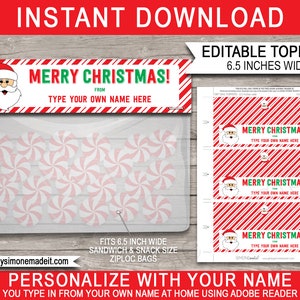 May include: Printable Christmas gift bag toppers featuring a Santa Claus illustration and red and white striped design. The toppers are 6.5 inches wide and say "Merry Christmas!" with space to add a personalised name.