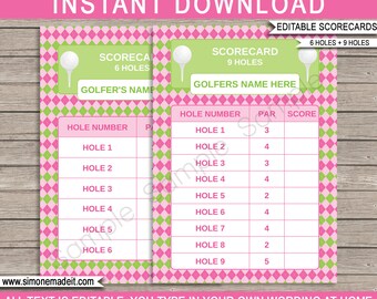 Pink Golf Scorecard for 9 & 6 holes  - INSTANT DOWNLOAD Printable EDITABLE file - you personalize at home using Adobe Reader
