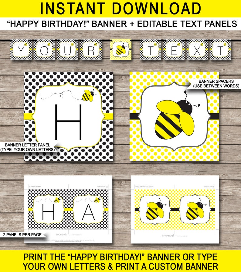 Bee Party Printable Decorations & Invitation Template Bundle Birthday or Baby Shower Theme INSTANT DOWNLOAD EDITABLE Text image 7