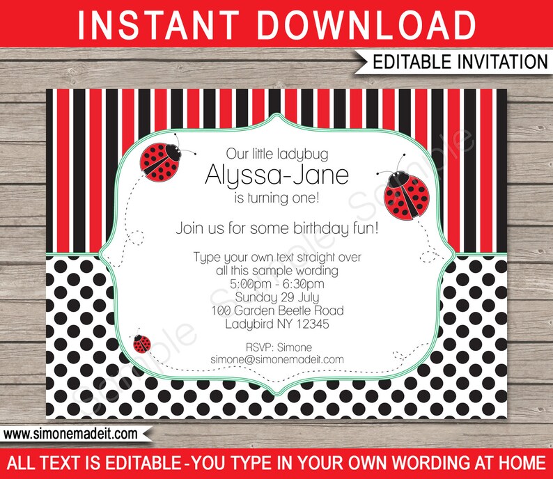 Editable & Printable Ladybug Birthday Party Invitation template