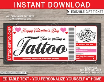 Tattoo Voucher Gift Certificate Ticket Card Template, Valentines Day, Get Inked Rose Flower Design - INSTANT DOWNLOAD with EDITABLE text