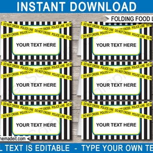 Police Food Labels Template - Printable Detective Theme Birthday Party Decorations - INSTANT DOWNLOAD - EDITABLE text