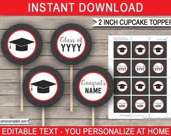 Printable Graduation Cupcake Toppers - for Any Year - Graduation Theme - Gift Tags - red & chalkboard - INSTANT DOWNLOAD with EDITABLE text