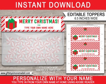 Printable Christmas Gift Bag Toppers Template - Present Labels Tags - Candy Cane - Custom Personalized - INSTANT DOWNLOAD - EDITABLE Names