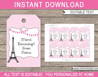 Paris Birthday Favor Tags: Editable Thank You Template (Digital Download)