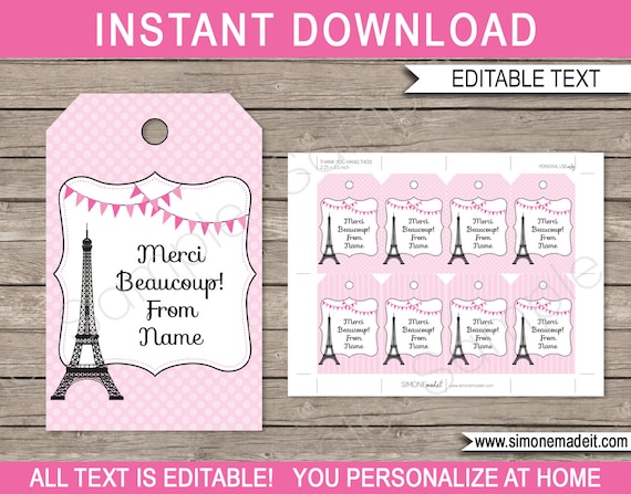 Paris Birthday Party Favor Tags Printable Template - Thank You Tags - Birthday Party Favors - INSTANT DOWNLOAD with EDITABLE text - you edit Il_570xn