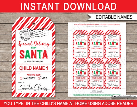 Santa Gift Tags Printable Template - Custom Personalized Special Delivery from Santa's Workshop North Pole - INSTANT DOWNLOAD text EDITABLE Il_570xn